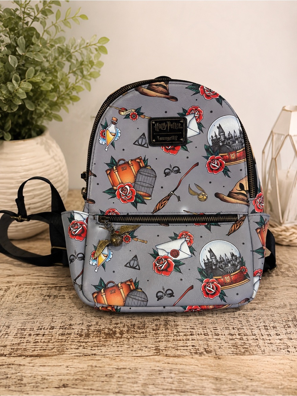 Loungefly Harry Potter Mini Backpack Gray Hogwarts Print